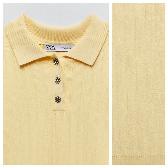 NWT. Zara Yellow Jewel Buttons Knit Polo Shirt. Size M. - Picture 6 of 11